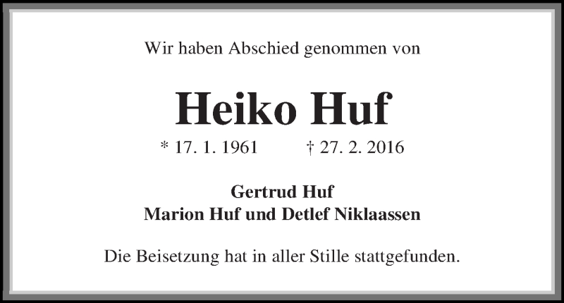 Traueranzeige von Heiko Huf von Die Norddeutsche