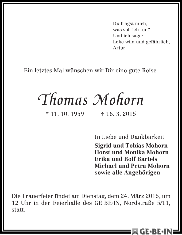 Traueranzeige von Thomas Mohorn von WESER-KURIER