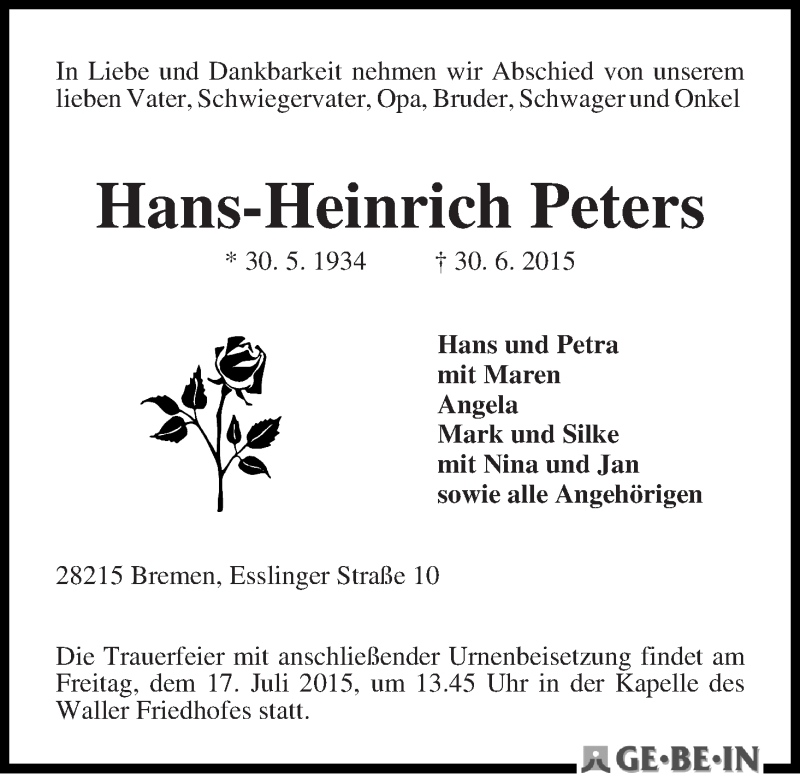 Traueranzeige von Hans-Heinrich Peters von WESER-KURIER