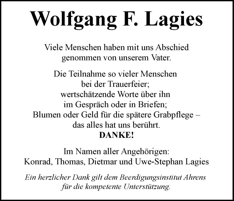Traueranzeige von Wolfgang F. Lagies von WESER-KURIER