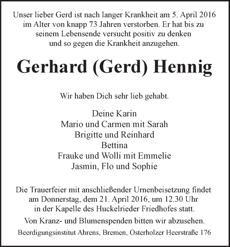 Traueranzeige von Gerhard Hennig von WESER-KURIER