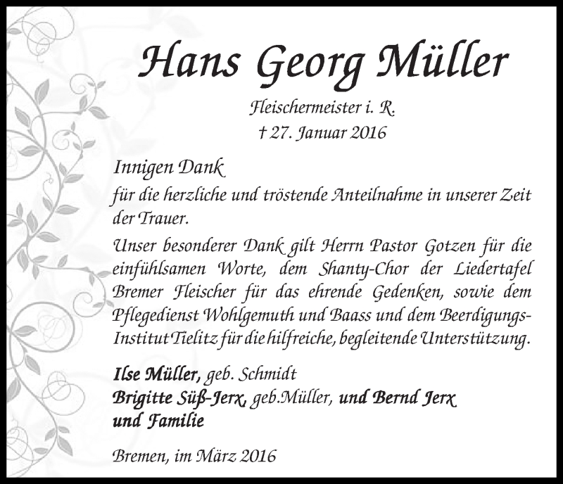 Traueranzeige von Hans Georg Müller von WESER-KURIER