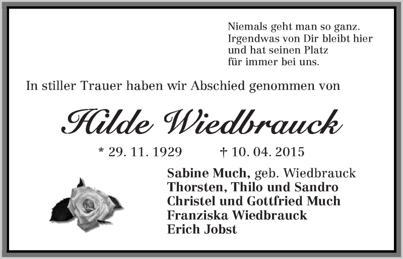  Traueranzeige für Hilde Wiedbrauck vom 18.04.2015 aus WESER-KURIER