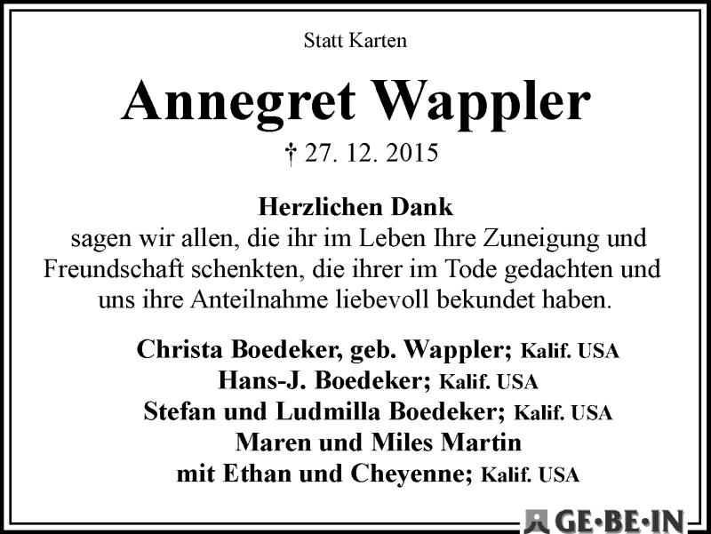 Traueranzeige von Annegret Wappler von WESER-KURIER