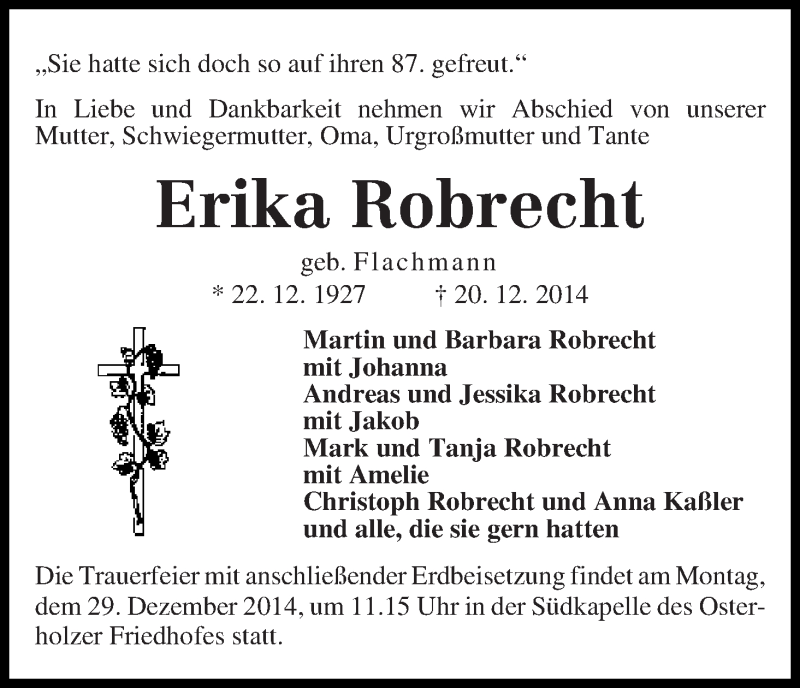 Traueranzeige von Erika Robrecht von WESER-KURIER