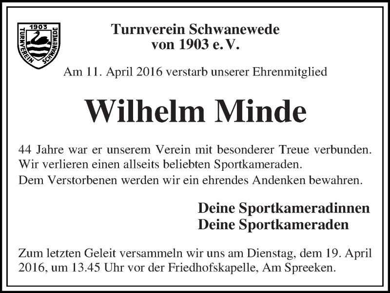 Traueranzeige von Wilhelm Minde von Die Norddeutsche