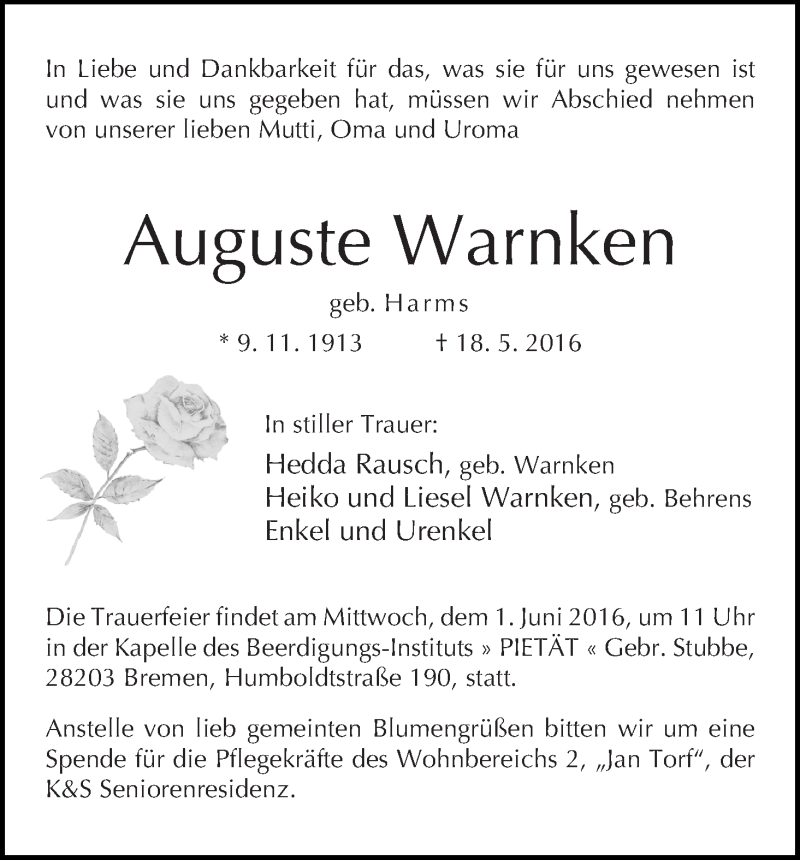 Traueranzeige von Auguste Warnken von WESER-KURIER