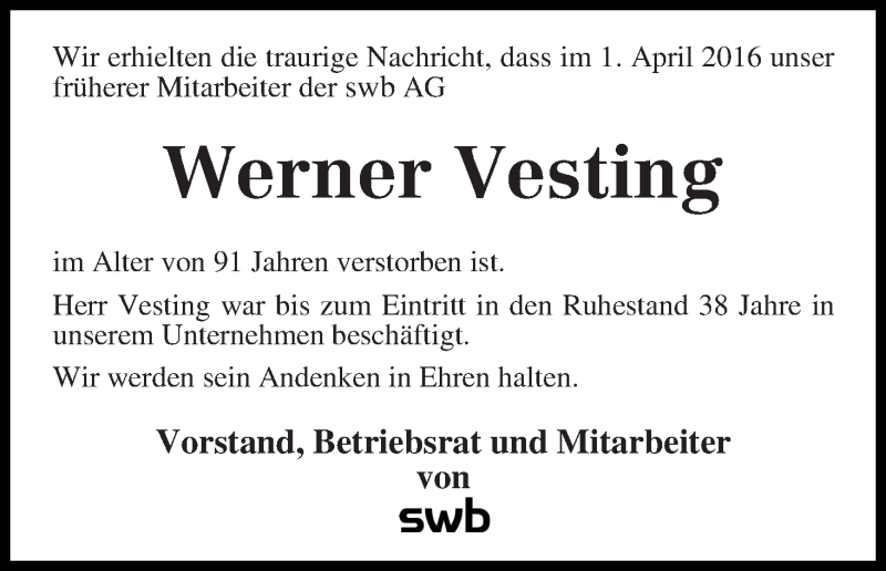 Traueranzeige von Werner Vesting von WESER-KURIER