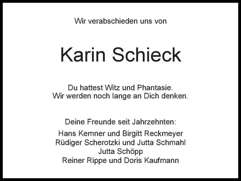  Traueranzeige für Karin Schieck vom 31.10.2015 aus WESER-KURIER