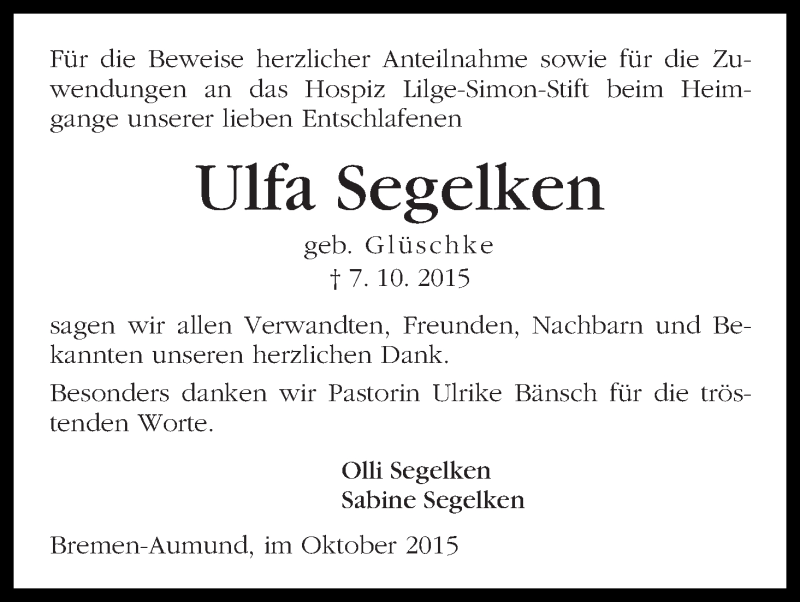 Traueranzeige von Ulfa Segelken von Die Norddeutsche
