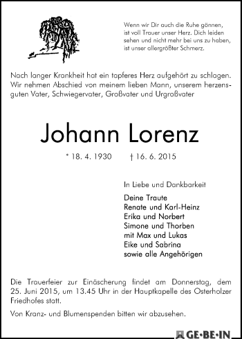 Traueranzeige von Johann Lorenz
