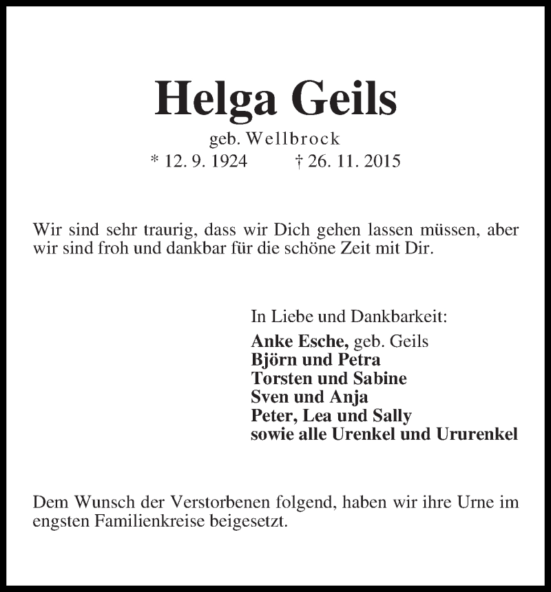 Traueranzeige von Helga Geils von Die Norddeutsche