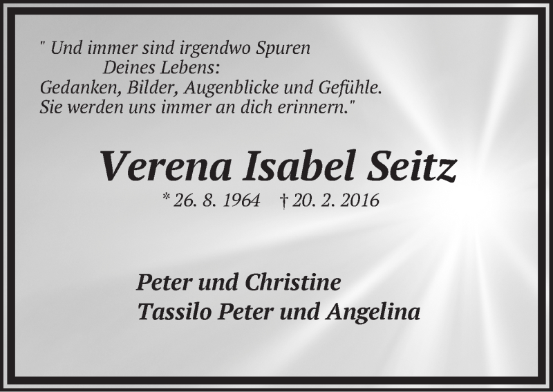 Traueranzeige von Verena Isabel Seitz von WESER-KURIER