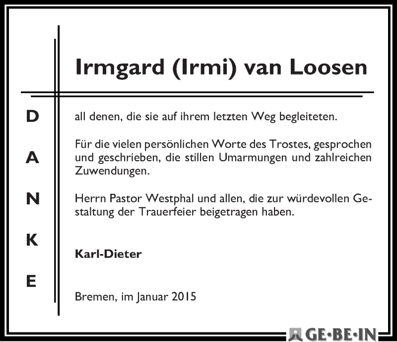 Traueranzeige von Irmgard (Irmi) van Loosen von WESER-KURIER