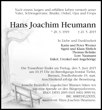 Traueranzeige von Hans Joachim Heumann