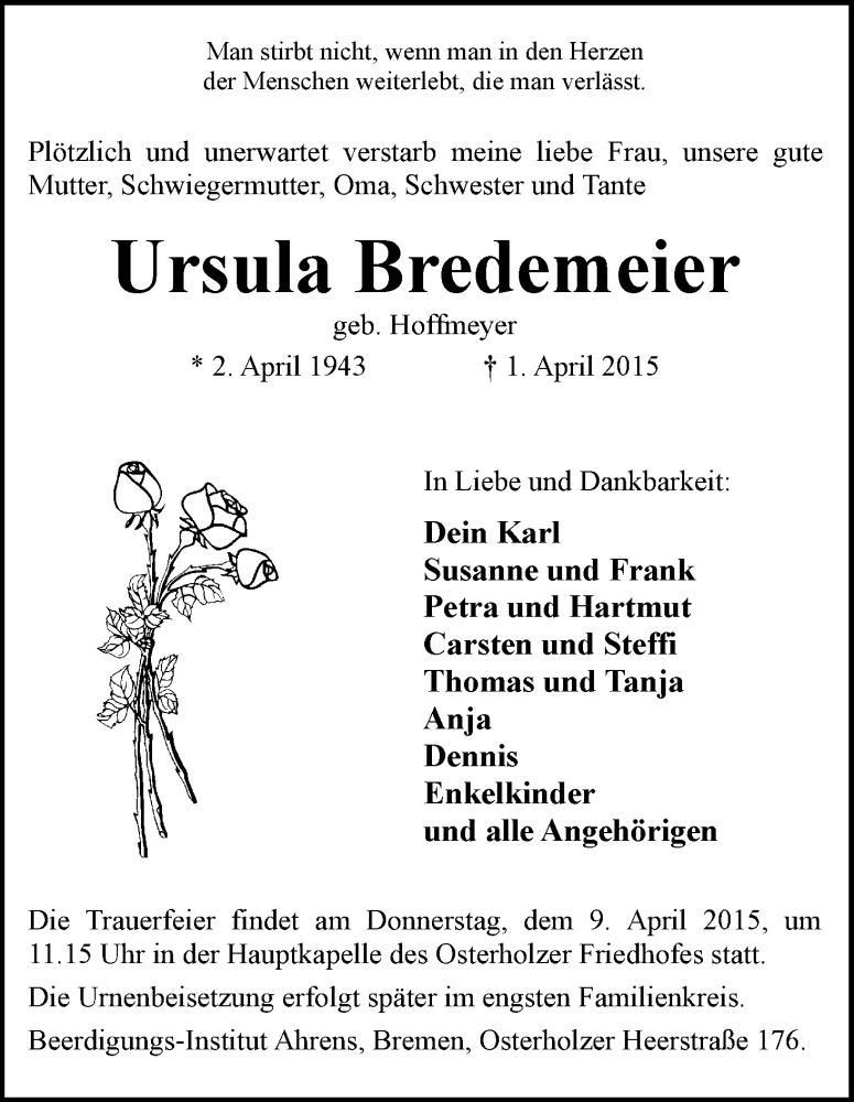 Traueranzeige von Ursula Bredemeier von WESER-KURIER