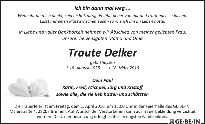 Traueranzeige von Traute Delker von WESER-KURIER