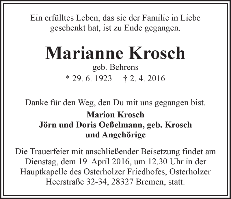 Traueranzeige von Marianne Krosch von WESER-KURIER