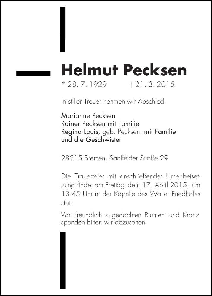 Traueranzeige von Helmut Pecksen von WESER-KURIER