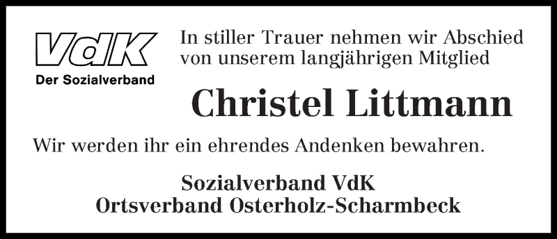 Traueranzeige von Christel Littmann von Osterholzer Kreisblatt