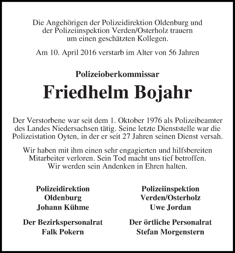 Traueranzeige von Friedhelm Bojahr von Achimer Kurier/Verdener Nachrichten