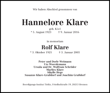 Traueranzeige von Hannelore und Rolf Klare