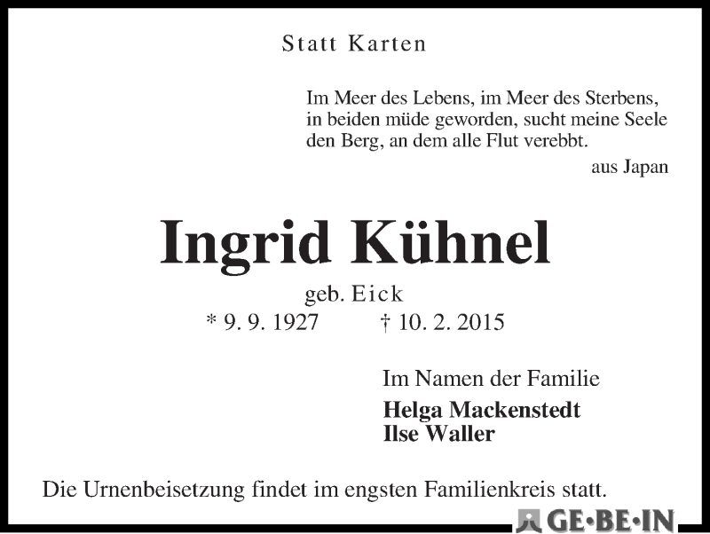 Traueranzeige von Ingrid Kühnel von WESER-KURIER