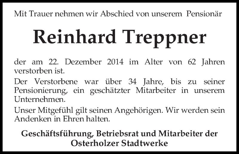 Traueranzeige von Reinhard Treppner von Osterholzer Kreisblatt