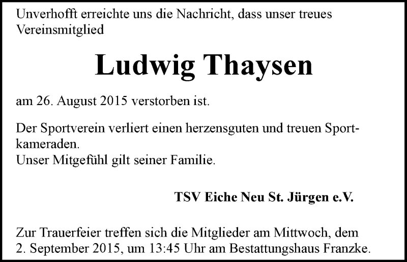 Traueranzeige von Ludwig Thaysen von Wuemme Zeitung