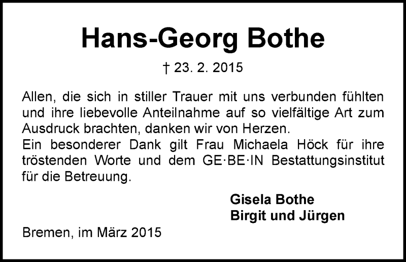 Traueranzeige von Hans-Georg Bothe von WESER-KURIER