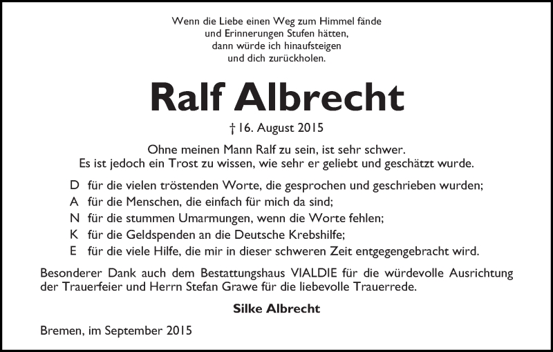  Traueranzeige für Ralf Albrecht vom 19.09.2015 aus WESER-KURIER