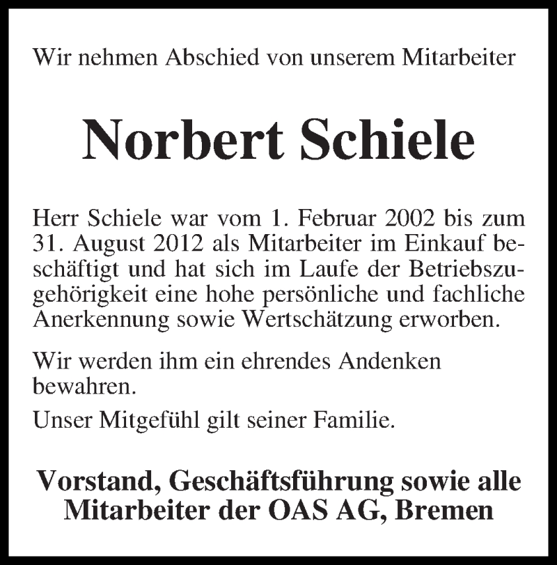 Traueranzeige von Norbert Schiele von WESER-KURIER