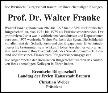 Traueranzeige von Walter Franke