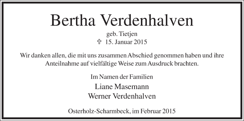 Traueranzeige von Bertha Verdenhalven von Osterholzer Kreisblatt