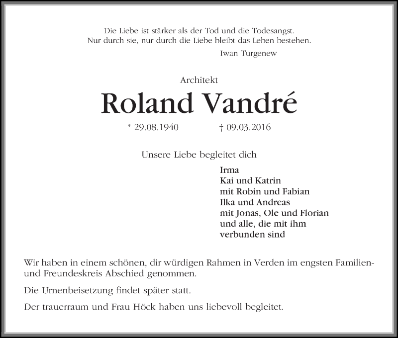 Traueranzeige von Roland Vandré von WESER-KURIER