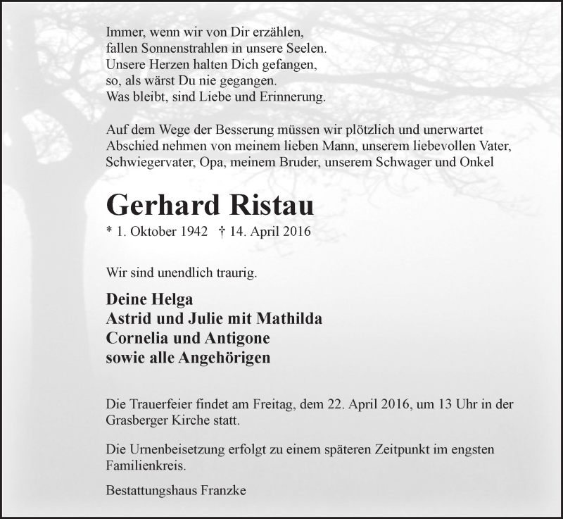 Traueranzeige von Gerhard Ristau von Wuemme Zeitung