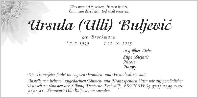  Traueranzeige für Ursula Buljevic vom 24.10.2015 aus WESER-KURIER