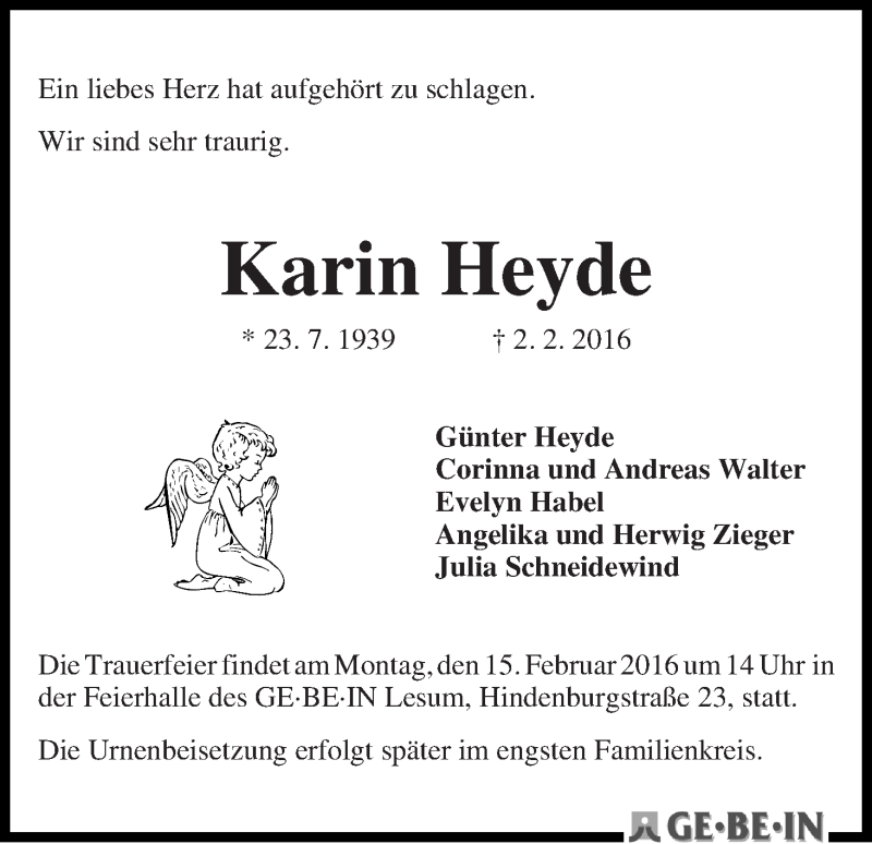 Traueranzeige von Karin Heyde von Die Norddeutsche