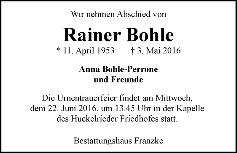 Traueranzeige von Rainer Bohle von WESER-KURIER