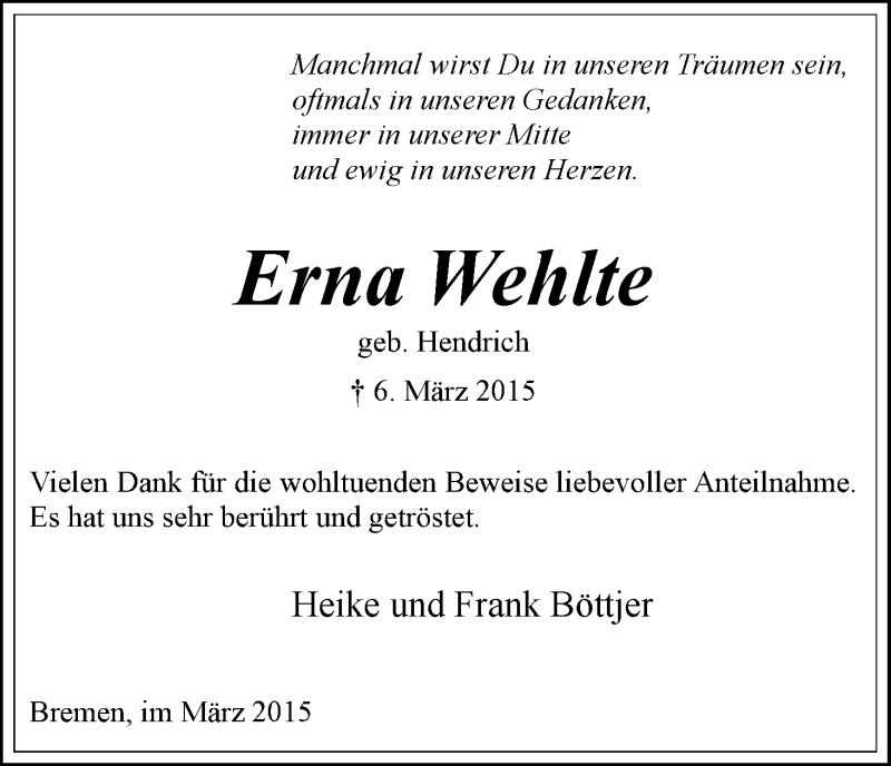 Traueranzeige von Erna Wehlte von WESER-KURIER
