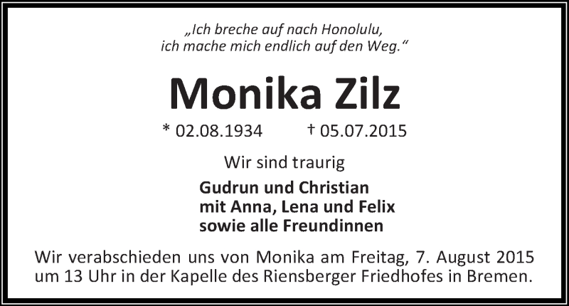  Traueranzeige für Monika Zilz vom 01.08.2015 aus WESER-KURIER