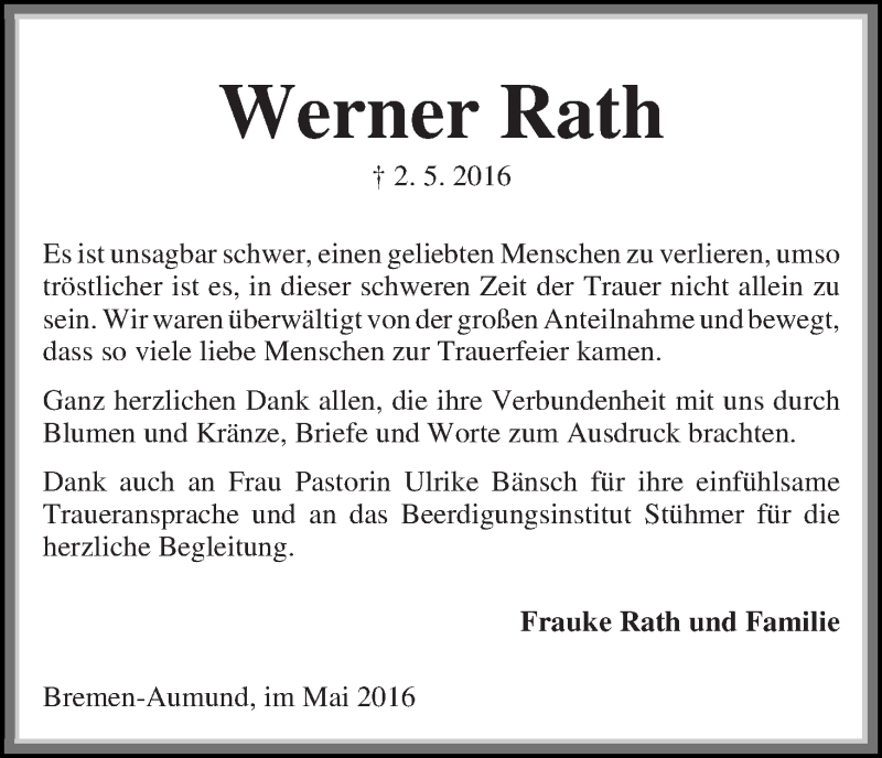 Traueranzeigen von Werner Rath | Trauer & Gedenken