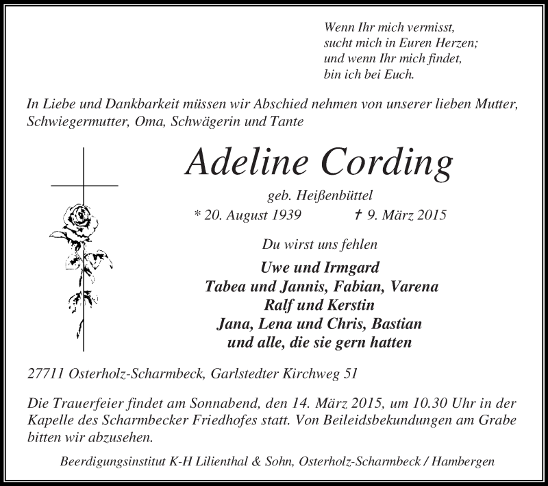 Traueranzeige von Adeline Cording von Osterholzer Kreisblatt