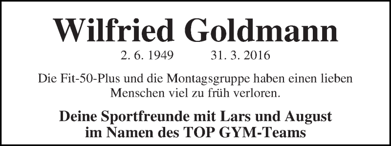 Traueranzeige von Wilfried Goldmann von WESER-KURIER