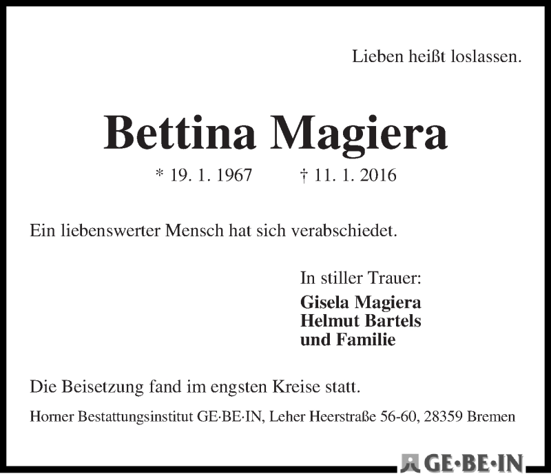  Traueranzeige für Bettina Magiera vom 05.02.2016 aus WESER-KURIER
