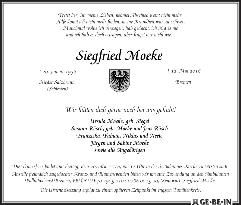 Traueranzeige von Siegfried Moecke von WESER-KURIER