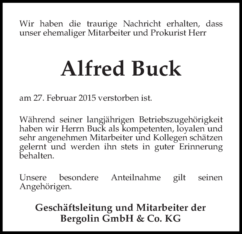 Traueranzeige von Alfred Buck von Osterholzer Kreisblatt