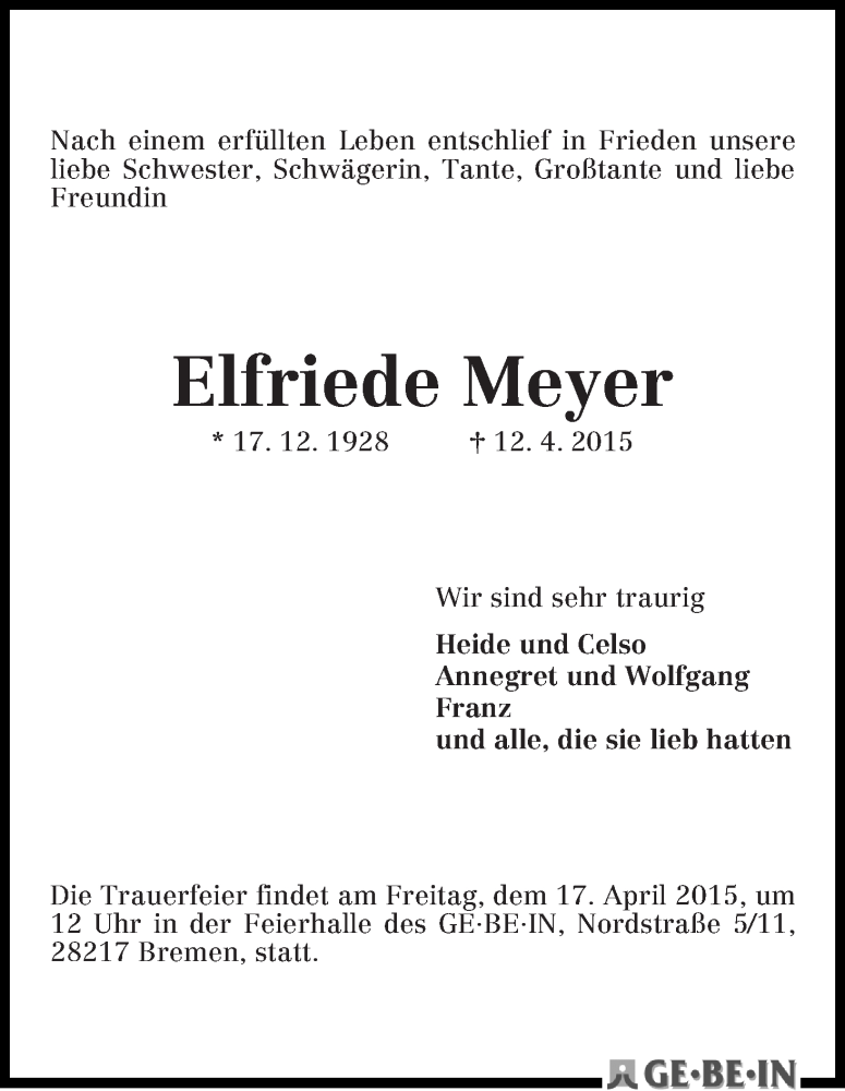 Traueranzeige von Elfriede Meyer von WESER-KURIER
