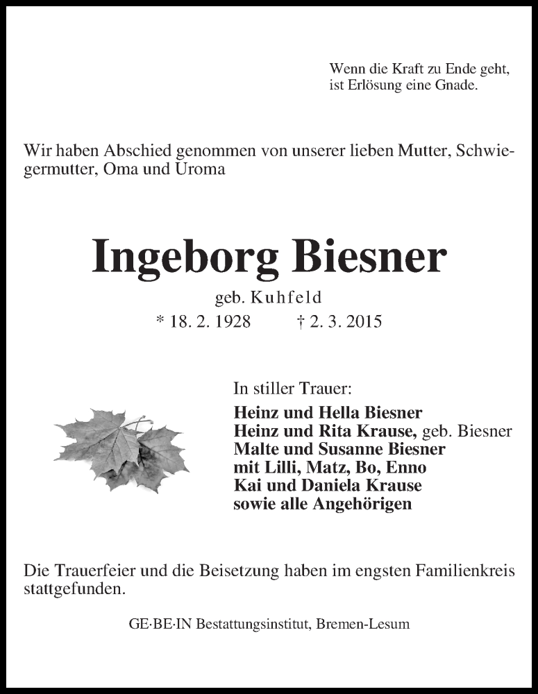 Traueranzeige von Ingeborg Biesner von WESER-KURIER