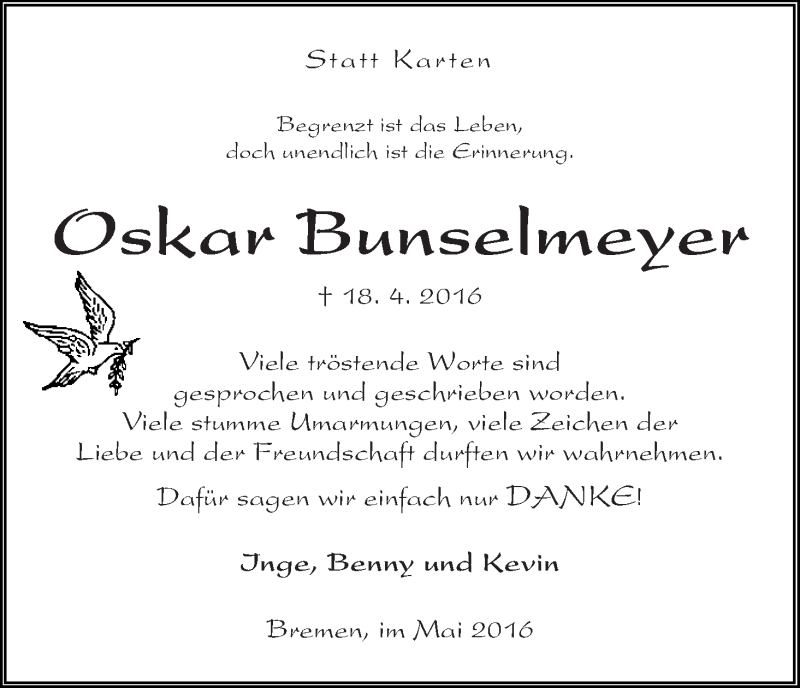  Traueranzeige für Oskar Bunselmeyer vom 25.05.2016 aus WESER-KURIER